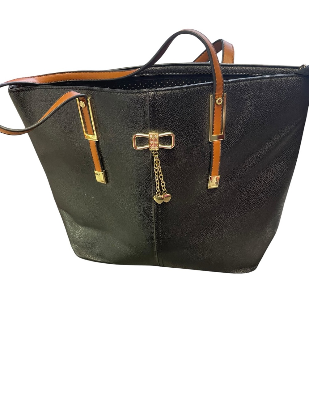 Black and Tan Women's Tote Handbag with Gold Accent wine bag